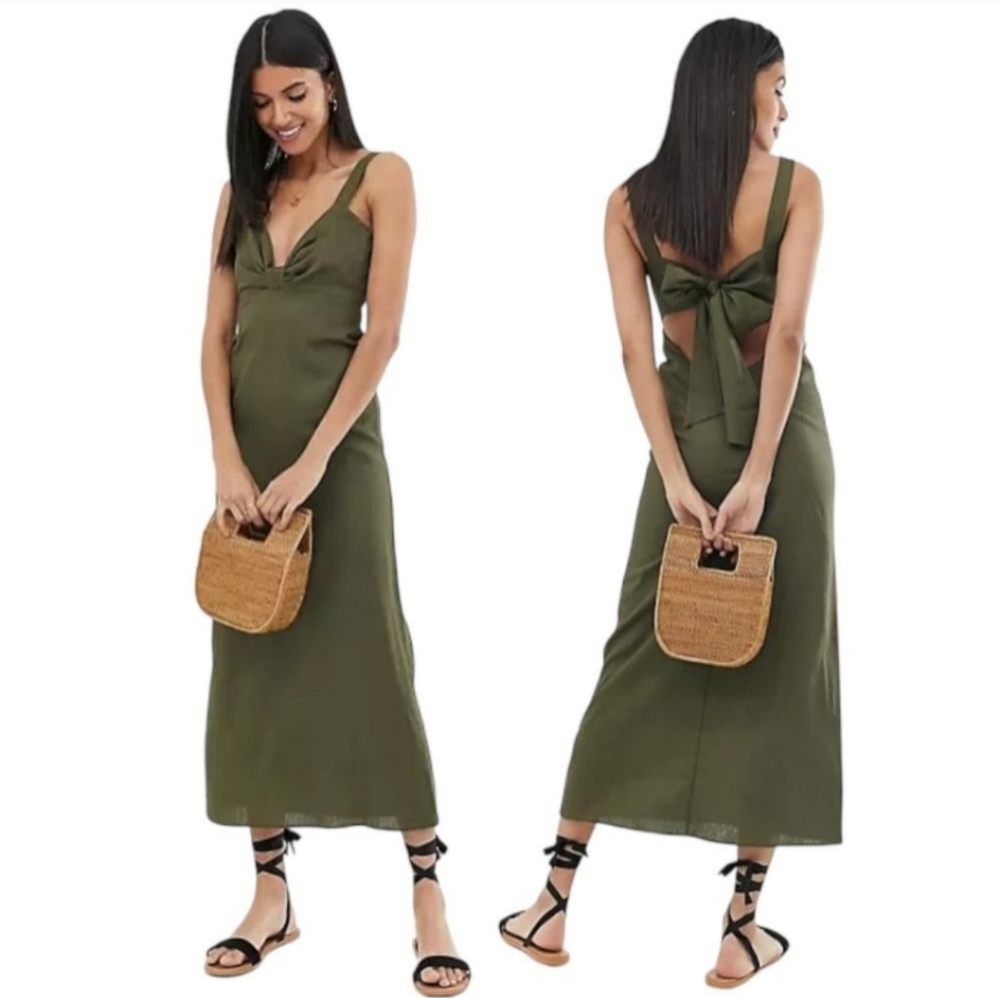 ASOS Design Olive Green Sleeveless Tie Back Knot Front Linen Maxi Dress Sz 10